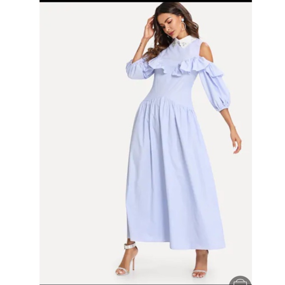 Cold Shoulder Bishop Sleeve Ruffle Striped Dress
